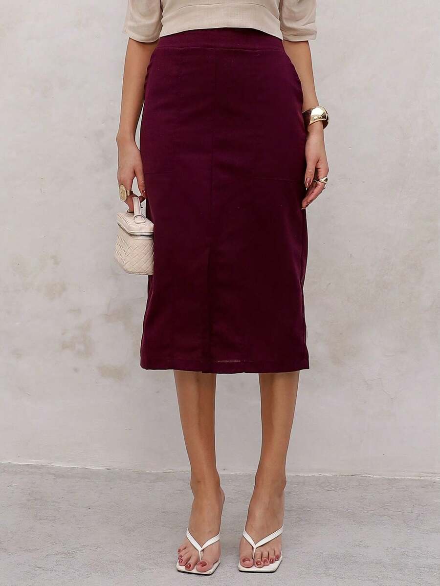 Linen Midi Skirt With Stylish Slit And Flexible Waistband - 如圖 - 查看 1