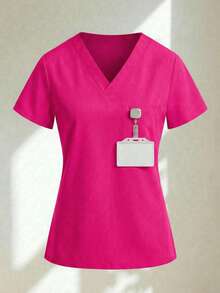 Conjunto uniforme médico quirúrgico set 2 piezas dama mujer manga corta cuello v pantalón jogger resorte cordón cómodo - Rosa Fucsia - Ver 3