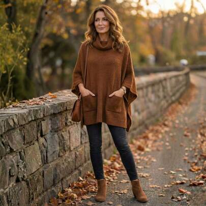 Poncho com Bolso Feminino Inverno Luxuoso Elegante Tricot Premium