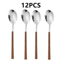 24/30 piezas Juego de cubiertos de acero inoxidable, juego de vajilla con mango de madera falsa (cuchillo, tenedor, cuchara) - Plateado - Ver 16
