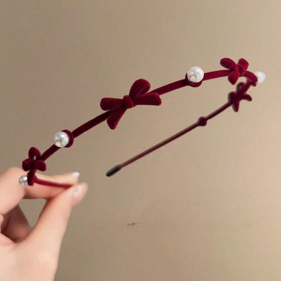 1件装女士天鹅绒蝴蝶结发箍，仙气优雅蝴蝶结发饰 - 酒紅色 - 查看 1