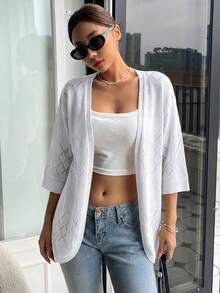 Cárdigan de punto de crochet de verano, calado, sin mangas, para playa, para mujer, color liso, transparente, para vacaciones en resorts - Blanco - Ver 3