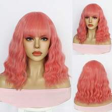 短款波波头假发 女士蓬松波浪卷发 齐肩长度 合成彩色角色扮演服装假发（粉紫色、粉色、黑色+卡其色双包装） - 彩色 - 查看 4