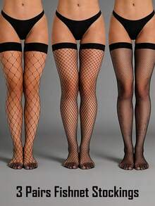 3 Pairs Women's Black Thigh High Fishnet Stockings, Elastic Mesh Socks, Summer Travel Essential Gift - Multicolor - View 2