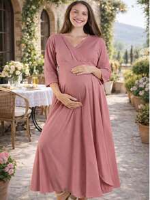 Vestido maternidad largo elegante para dama mujer ropa embarazo ropa para embarazada juvenil moderna suave evento baby shower de noche embarazada cruzado manga media cuello v cruzado corte amplio fresco ligero diario cena cita sesion de fotos calle femenino bohemio elegante outfit primavera verano otoño invierno posparto - Rosa - Ver 2