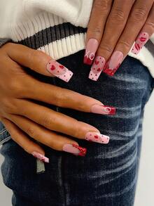 10片装Y2K风格管道形美甲贴片套装 - 手工制作，粉色美甲，红色美甲，粉红法式美甲，手绘红色波点、红色之吻和红色爱心图案设计，闪亮红色水钻装饰手工美甲贴片 - 彩色 - 查看 3