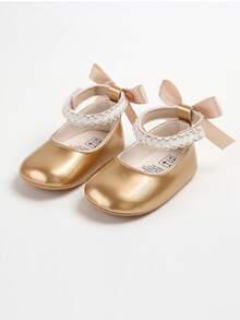 Sepatu Flat Mary Jane untuk Bayi Perempuan Baru Lahir, Dekorasi Pita, Sol Lembut Anti Selip, Sepatu Bayi Pra-berjalan dari Kulit PU, Pita Mutiara - Emas - View 9