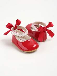 Newborn Baby Girls' Mary Jane Flats, Bow Decor, Non-Slip Soft Bottom PU Leather Infant Prewalker Shoes, Pearl Ribbon - Red - View 7