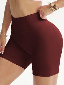 Women's Seamless Butt Lifting Sports Shorts, Suitable For Gym Workout, Cycling, Running, Black Tight Pants, Summer - Burgundy - View 3
