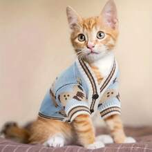 Cartoon Dog & Cat Print Cardigan Sweater, Autumn/Winter Cute Bear & Pet Dog/Cat Full Print Sweater Cardigan For Small/Medium Pets - Baby Blue - View 8