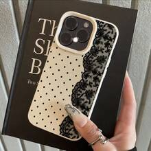 1pc White Lychee Texture Matte Minimalist Lens Protection, Partial Screen Polka Dot & Lace Pattern Mosaic Phone Case, Personalized For IPhone 16 Pro Max, 17/16/15/14 Plus/13/12/11, Air, Compatible With Samsung Series - Multicolor - View 3