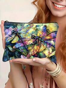 Bolsa de cosméticos con estampado de libélula de vidrio de colores - Regalo creativo para mujeres, bolsa de viaje para maquillaje, organizador de maquillaje, bolsa de aseo, bolsa de almacenamiento de maquillaje, bolsa de lavado, bolsa de viaje, artículos esenciales para vacaciones, regalos para mujeres - Multicolor - Ver 5
