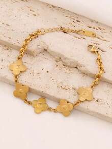 1件装不锈钢四叶草吊坠手链，女士时尚18K镀金优雅幸运草链手链首饰 - 手鍊 - 查看 5