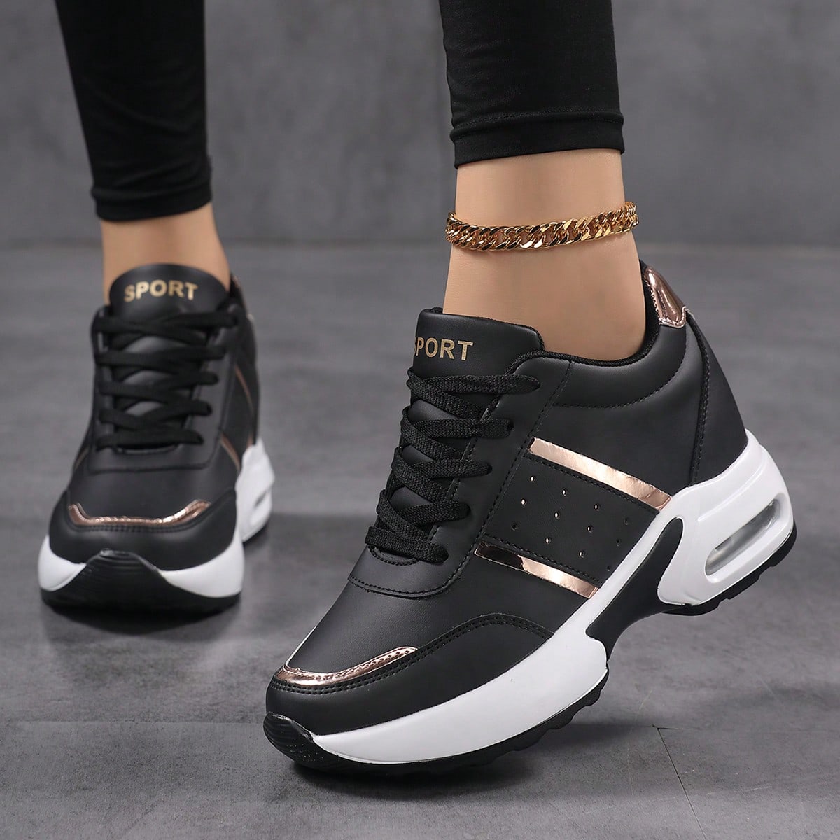 Nieuwe lente/herfst 2026 plus size platform schoenen met luchtkussen, lichtgewicht leren platform schoenen, zwarte en gouden casual schoenen met sleehak voor dames, chunky sneakers voor dames, volledi 