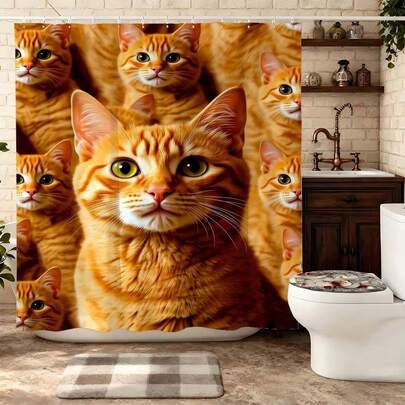“可爱姜黄色猫咪图案浴帘，萌萌的橘色虎斑猫大眼睛图案防水涤纶浴帘套装，带挂钩，猫咪爱好者主题浴室装饰，宠物主人的温馨家居装饰”
