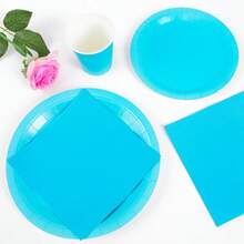 Bộ đồ dùng tiệc dùng một lần màu xanh nhạt gồm đĩa, khăn ăn và cốc - dành cho 10 người, thích hợp cho sinh nhật, đám cưới, tiệc theo chủ đề, dã ngoại gia đình. - Kiểu 5 - Xem 4