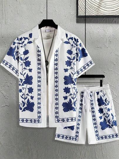 Plus Size Men's Summer Casual Tile 3D Digital Print Collared Shirt And Drawstring Waist Shorts 2 Pieces Set