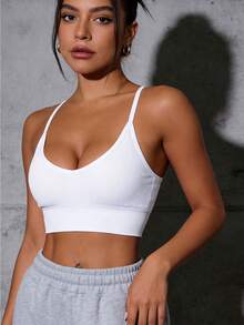 Runway Rest 1 pieza Sujetador sin espalda con tirantes cruzados, de alta elasticidad y sin aros, para uso diario. Sujetador deportivo sin costuras de impacto medio, con espalda de tipo top, transpirable y cómodo. - Blanco - Ver 5