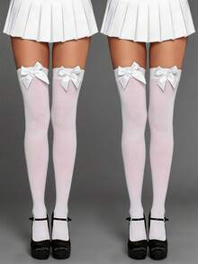 半双装白色女士缎面蝴蝶结装饰不透明过膝长筒袜，适合日常穿着、夏季海滩度假生日派对等场合。 - 彩色 - 查看 13