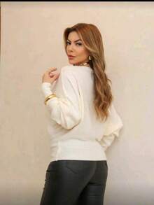 Women's Cold Weather Blouse, Batwing Ribbed Sweater, Modal Casual Winter - White - View 2