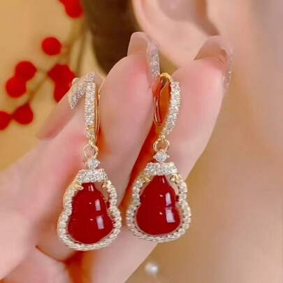 1 Pair Red Luxury Rhinestone Gourd Design Earrings, Fashionable Versatile Sparkling Earrings For Women