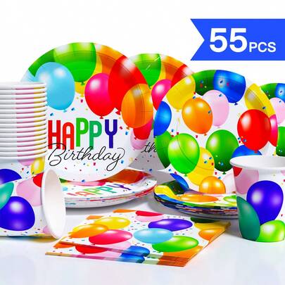 Colorful Balloon Happy Birthday Disposable Plates, Napkins, Cups, One-Time Party Supplies Set, Suitable For 10 Guests, Disposable Paper Plates Party Tableware For Birthday, Wedding, Theme Party, Family Picnic