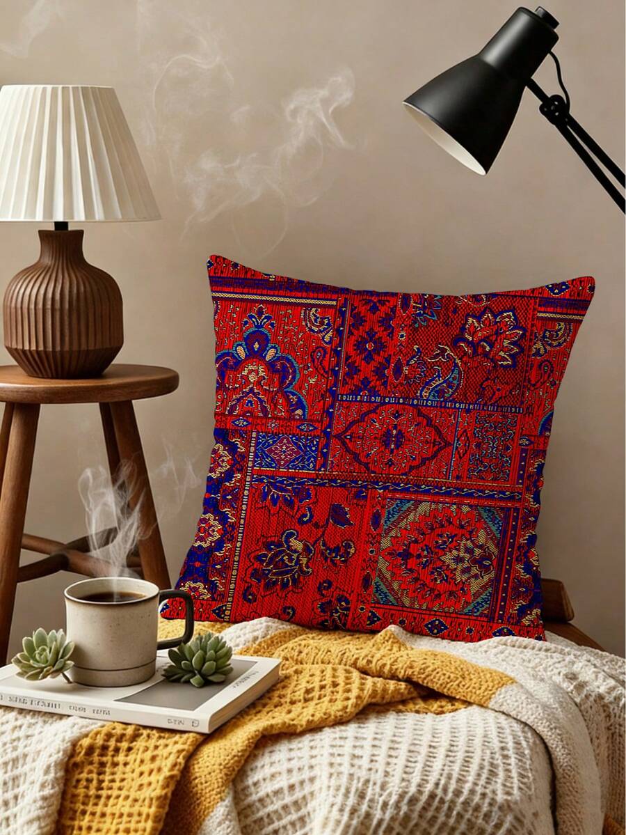 1pc Bohemian Geometric Abstract Pattern Printed Throw Pillow Cover, Soft Plush Fabric, Single-Sided Printing, Zipper Closure - Machine Washable, Suitable For Various Room Styles, Decorative Cushion - No Embroidery
