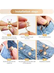 2个金色束腰扣，适合宽松牛仔裤，可重复使用的金属胸针，适用于服装连衣裙，无缝装饰配件（不含卡纸） - 金色 - 查看 6