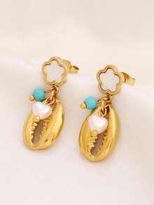 1对不锈钢五叶花耳钉，女士时尚18K PVD镀层设计，珍珠海星贝壳吊坠耳环首饰 - 耳環 - 查看 11