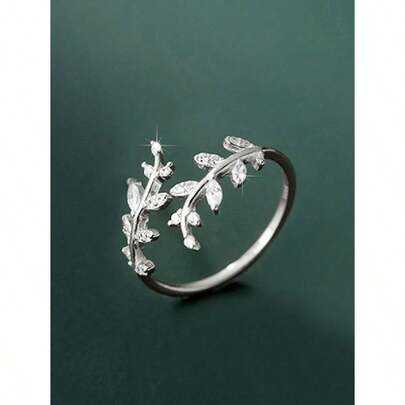 1pc Cubic Zirconia Leaf Adjustable Ring, Suitable For Party Jewelry And Birthday Gift, For Teens