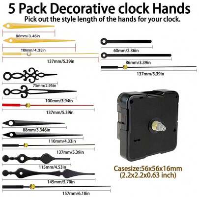 Bộ 5 chi tiết máy đồng hồ thạch anh giảm tiếng ồn được nâng cấp, gồm 2 trục 13mm, 2 trục 16mm, 1 trục 23mm, và 5 cặp kim đồng hồ. Bộ sản phẩm thích hợp để sửa chữa, thay thế, tự làm đồng hồ, trang trí văn phòng và nhà cửa, là món quà DIY sáng tạo.