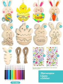 10/20件套混合木制兔子装饰品，包含木板、麻绳、100个绒球、2张彩色钻石贴纸、12支彩色笔，可用于DIY手工制作，适合所有季节，可用于生日、礼品标签、节日派对、复活节装饰等场合。 - 鏤空彩蛋 - 查看 15