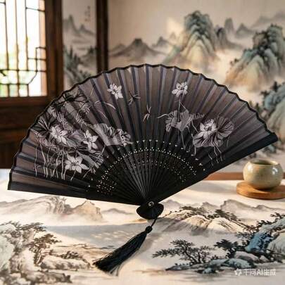 1 chiếc quạt xếp kiểu Trung Quốc thanh lịch, in họa tiết hoa và trang trí tua rua, thích hợp cho trang phục Hanfu, khiêu vũ, trang trí mùa hè và làm quà tặng tinh tế.