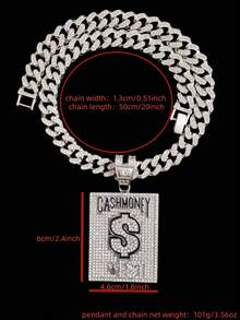 1个时尚创意“CASH MONEY”字母吊坠和1条水钻链项链，男士嘻哈朋克吊坠项链，适合日常佩戴，情人节礼物，2条链子可选 - 銀色 - 查看 11