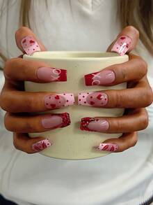 10片装Y2K风格管道形美甲贴片套装 - 手工制作，粉色美甲，红色美甲，粉红法式美甲，手绘红色波点、红色之吻和红色爱心图案设计，闪亮红色水钻装饰手工美甲贴片 - 彩色 - 查看 4