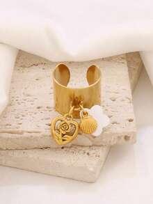 1 pieza Anillo redondo de joyería impermeable para mujer con colgante de acero inoxidable en forma de rosa y corazón, flor dorada y concha - anillo - Ver 5