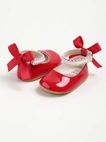 Newborn Baby Girls' Mary Jane Flats, Bow Decor, Non-Slip Soft Bottom PU Leather Infant Prewalker Shoes, Pearl Ribbon - Red - View 5