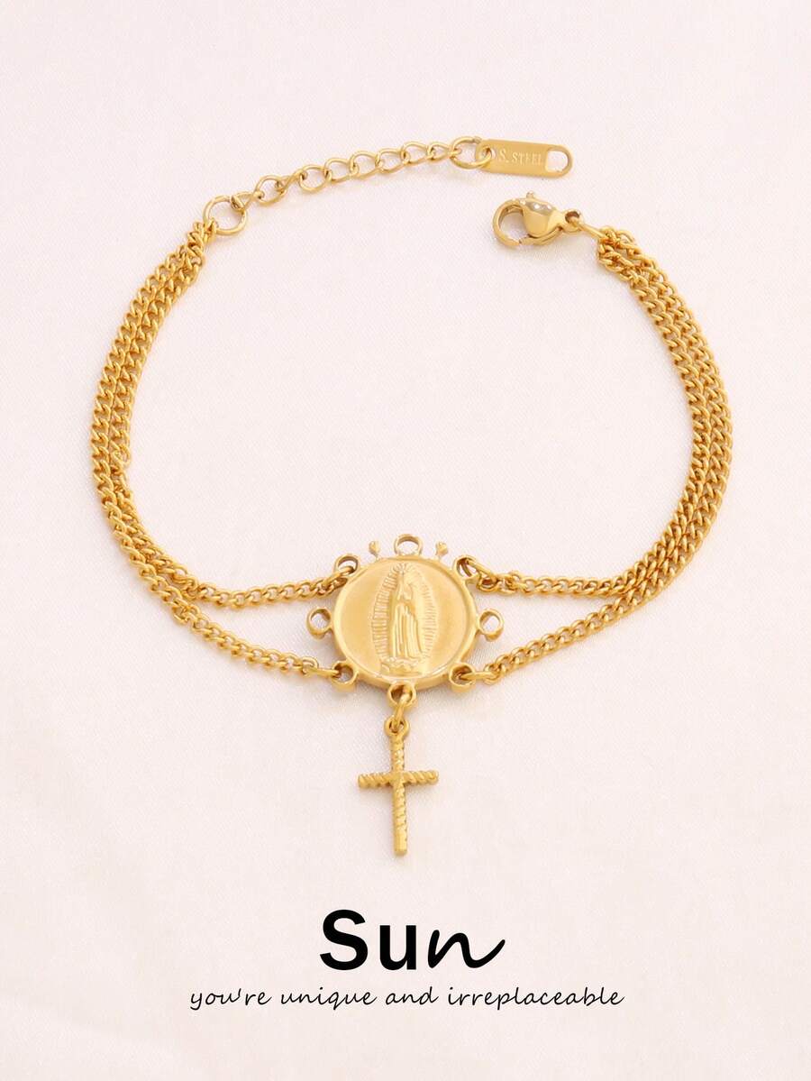 1pc Stainless Steel Virgin Mary Pendant Bracelet Fashion Gold Cross Charms Double Layer Chain Bracelets For Women Jewelry - Bracelet - View 1