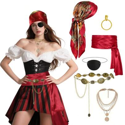 6-Piece Pirate Costume And Accessory Set For Women And Men Includes A Captain's Pirate Bandana, Belt, Earrings, Waist Chain, Necklace, And Eye Mask, Perfect For Party Wear And Everyday Cosplay