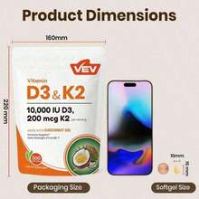 Vitamin D3 K2 10000 , 300 Virgin Coconut Oil Softgels, 2 In 1 Vitamins Supplement D & K, Dietary Supplemental Pack, Free Shipping, Daily Health Care, For Women, Quick Ship - Không có hương vị - Xem 6