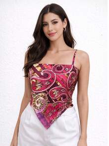 Women's Blue Print Scarf-Style Top With Back Tie And Thin Straps - Elegant Summer Fashion - 乾枯玫瑰色 - 查看 2