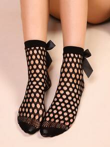 1双女士蕾丝短袜，女士蝴蝶结中筒袜，花卉图案丝袜 - 黑色 - 查看 5