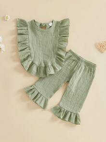 Little Girls 2 Piece Outfits Adorable Solid Color Sleeveless Crew Neck Ruffle Tops And Elastic Waist Pants Set - Green - View 6