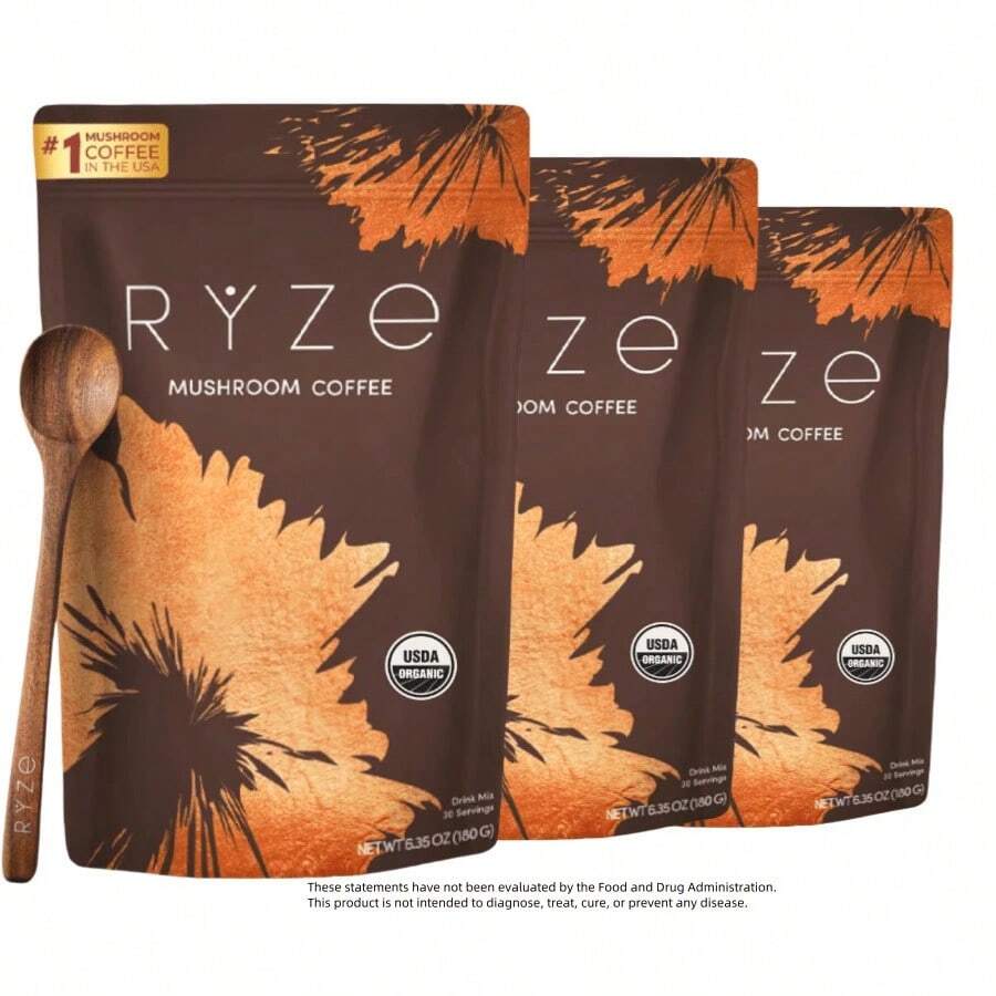 RY.ZE Organic Mushroom Coffee 3-Pack | USDA Organic | #1 Mushroom Coffee In The USA | 30 Servings Per Bag (6.35oz / 180g Each) | Dietary Supplement - Pack Of 3 - View 1