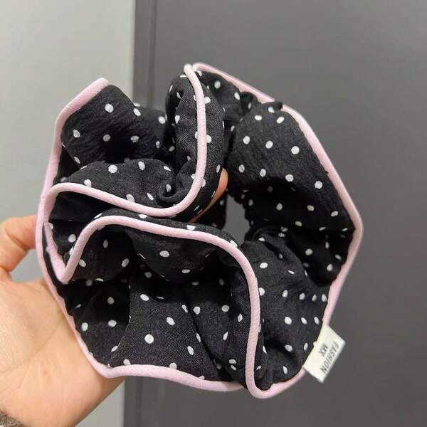 1pc Korean Gentle Polka Dot Pink-Purple Edged Scrunchie, Sweet Girly Niche Low Ponytail Hair Tie