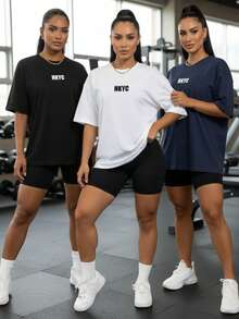 SET OF 3 WOMEN'S T-SHIRTS IMMEDIATE SHIPPING HYKC FOR WORKOUTS, GYM AND EVERYDAY CASUAL CHIC LOOKS, EASY AND TIMELESS - BLACK, WHITE aND NAVY BLUE - View 3