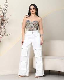 Women's Wide Leg Cargo Pants, High Waist, Tailored, Marrant Style, Palazzo Pants With 4 Utility Pockets, Premium Streetwear - 白色 - 查看 1