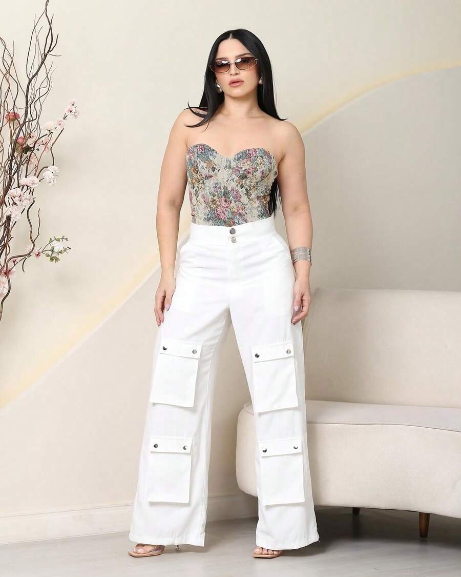 Women's Wide Leg Cargo Pants, High Waist, Tailored, Marrant Style, Palazzo Pants With 4 Utility Pockets, Premium Streetwear - 白色 - 查看 1