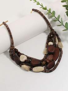 Bohemian Style Maillard Multi-Layer Wooden Beaded Necklace, Niche Design Retro Resin Splicing Choker - Brown - View 4