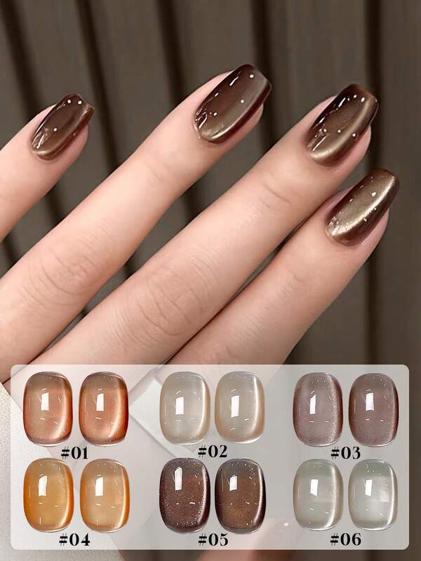 12毫升容量，2026春夏秋冬新款女士圣诞礼盒套装，包含流行的焦糖咖啡棕和咖啡栗色，以及水晶玻璃珠猫眼凝胶指甲油。适合所有季节，可用于美甲，可搭配底油和亮油使用，需配合UV灯固化。植物基凝胶套装，适合初学者，居家、办公、通勤和约会等场合使用。热销沙龙级美甲款式，持久长达28天。